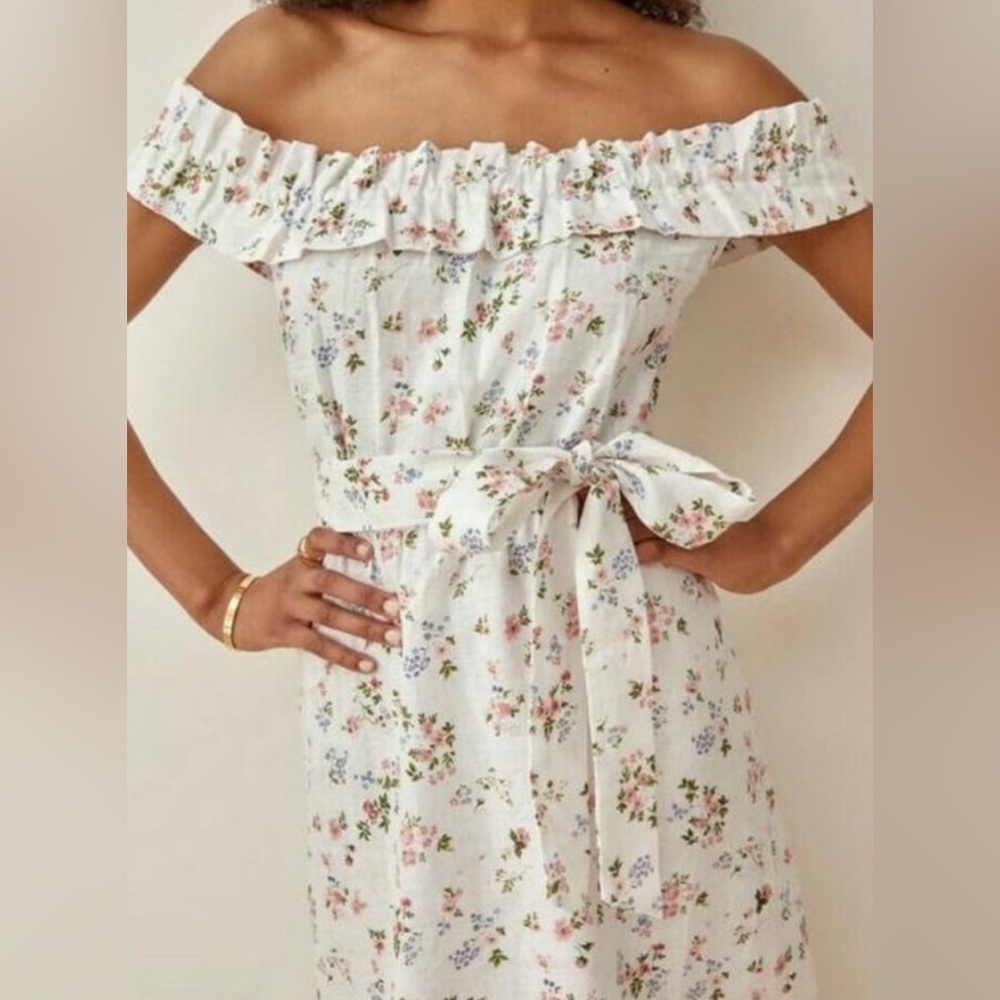 Reformation Off-Shoulder White Floral Midi Dress XS